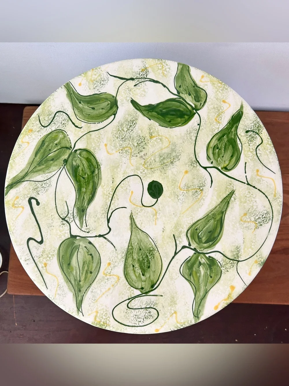 Hand Painted Ceramic Pedestal Cake Stand Vining Green Leaves on Yellow VTG 99’